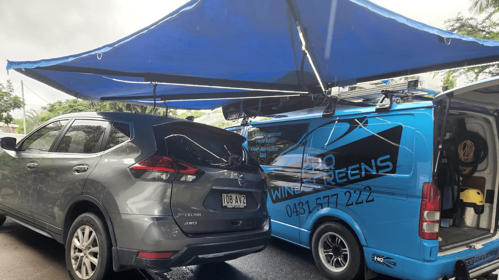 Destination4WD 270 awning freestanding Cairns Toyota Hiace van blue