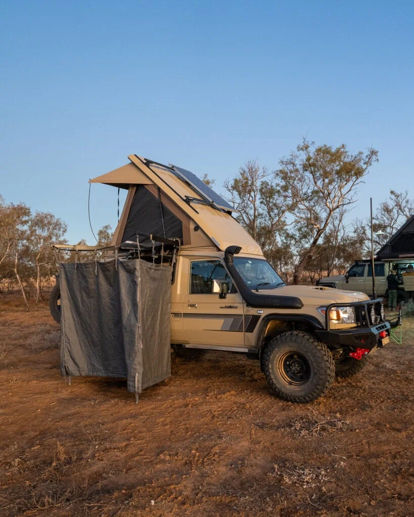 Destination4WD free standing shower bathroom tent 4WD awnings Overland Travellers Matt and Holly