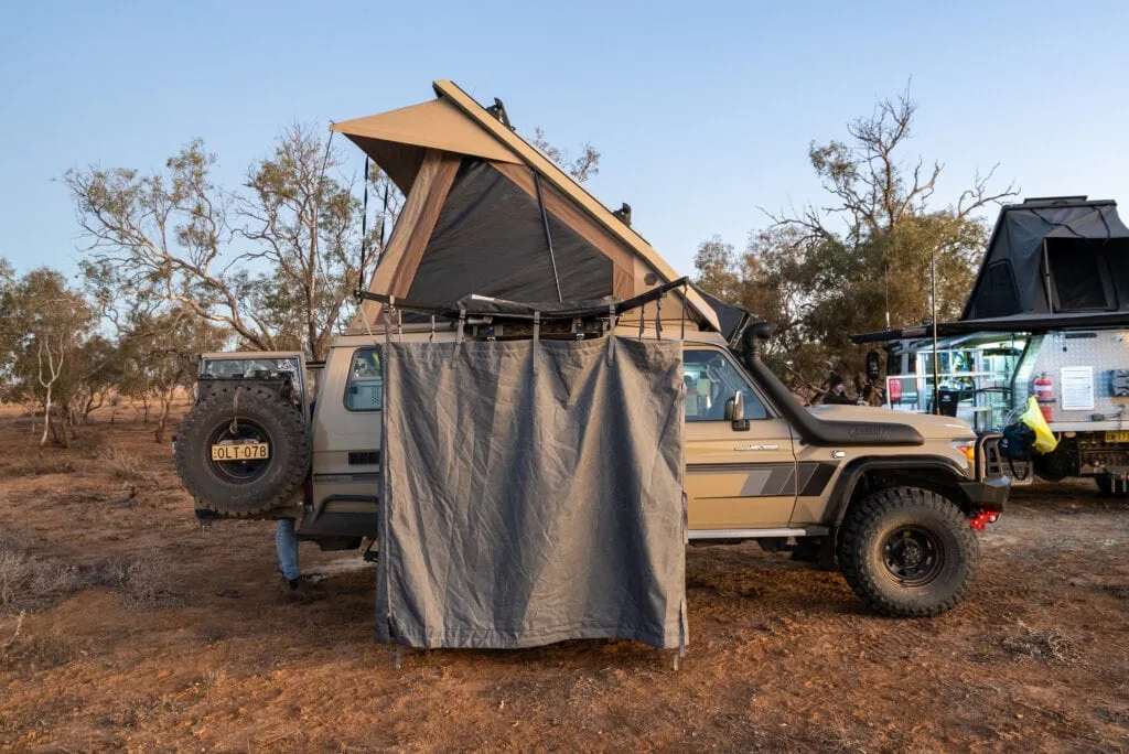 Destination4WD free standing shower bathroom tent 4WD awnings Overland Travellers Matt and Holly