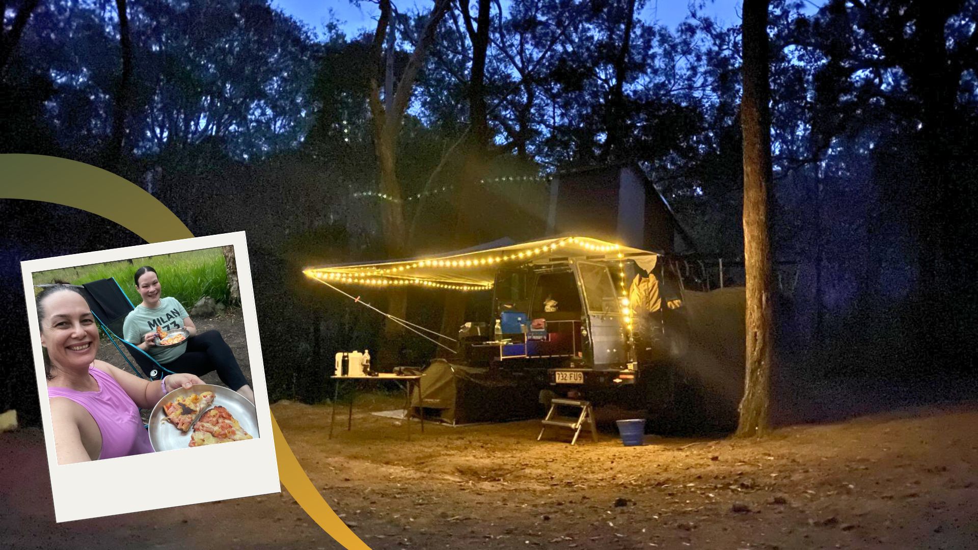 Destination4wd freestanding awning on blue Toyota troopy and grey canvas awning and a grey shower awning at night with fairlights and inset photo of two women eating camp oven pizza